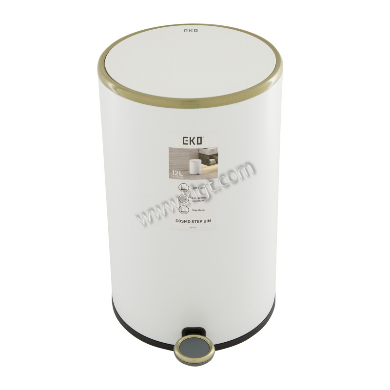 12 L Round Step Bin, Lid & Bod Powder Coated in Matt White steel, soft close lid black PP liner
