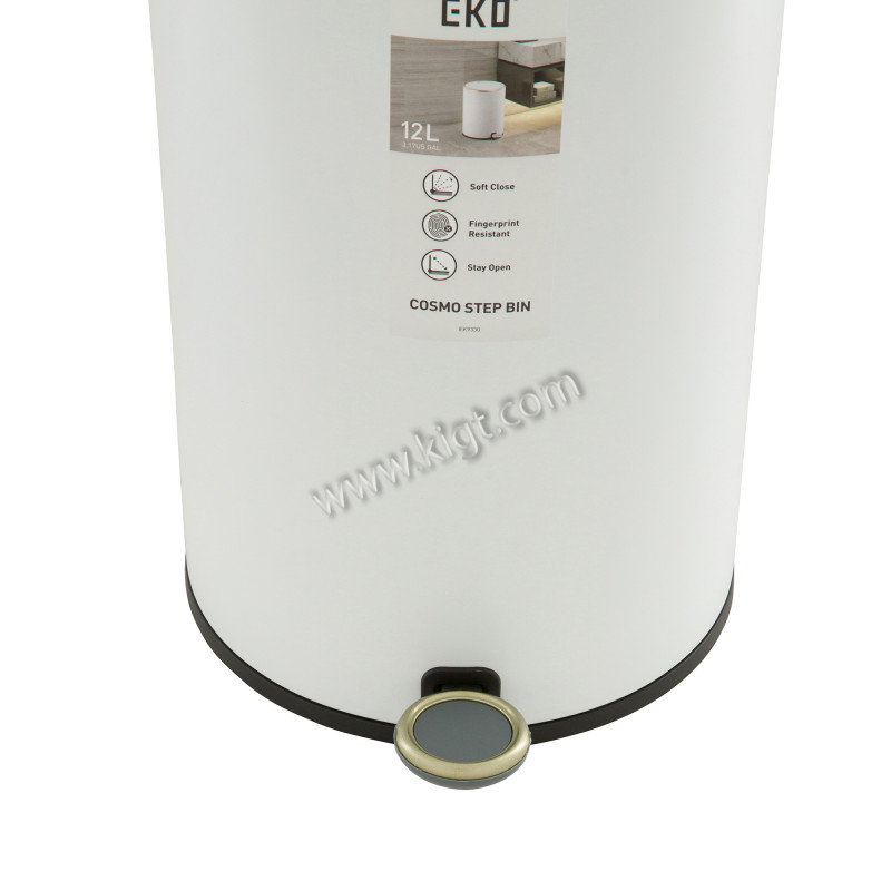 12 L Round Step Bin, Lid & Bod Powder Coated in Matt White steel, soft close lid black PP liner