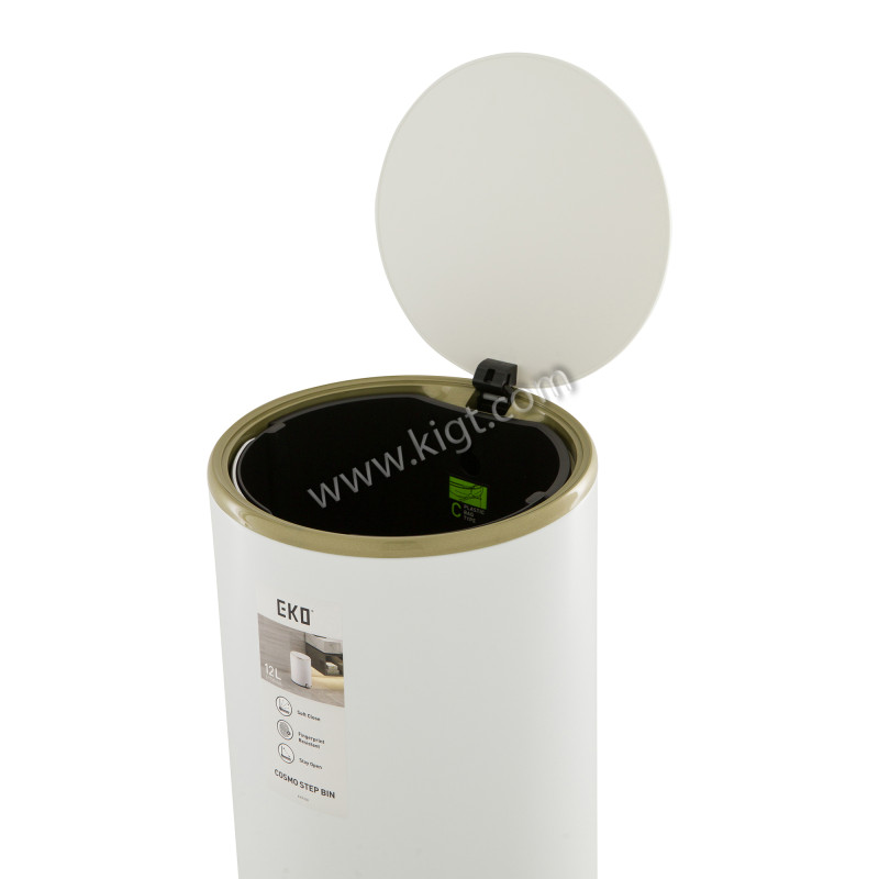 12 L Round Step Bin, Lid & Bod Powder Coated in Matt White steel, soft close lid black PP liner