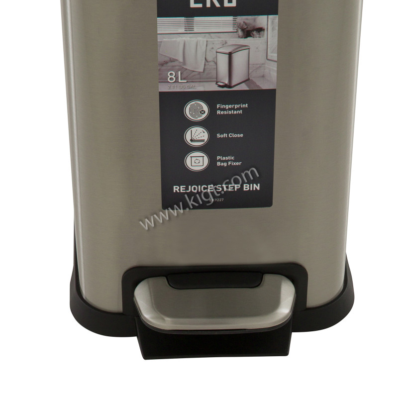 8L "EKO" BRAND step bin, brushed fingerprint proof stainless steel