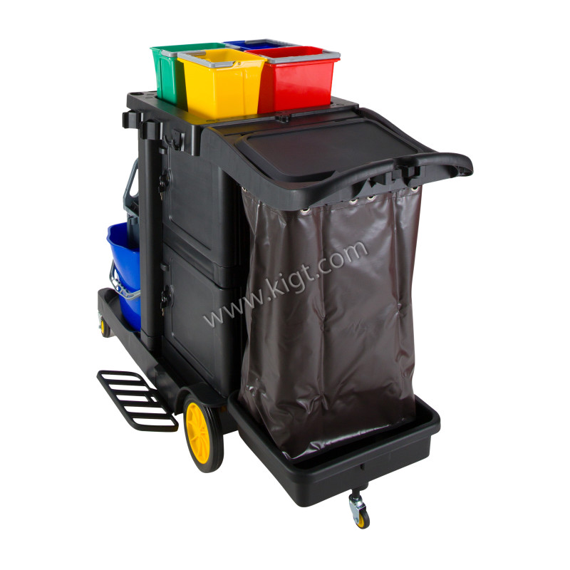 Janitor Cart with mop wringer + doors + buckets 4 ltr Black Color