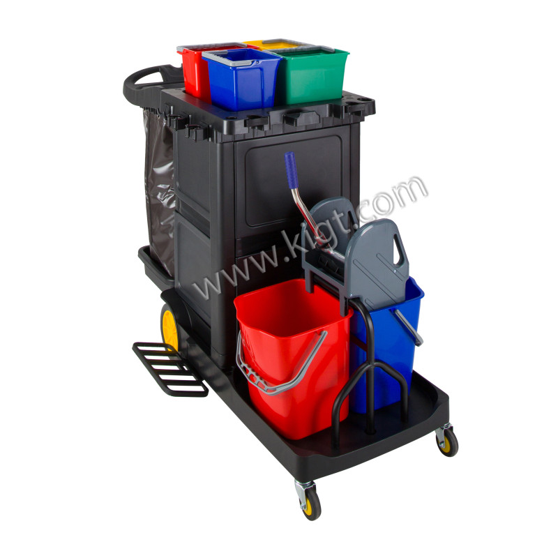 Janitor Cart with mop wringer + doors + buckets 4 ltr Black Color