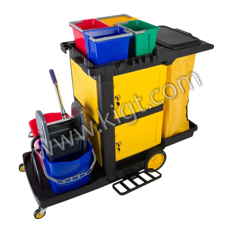 Janitor Cart with mop wringer + doors + buckets 4 ltr Black Color