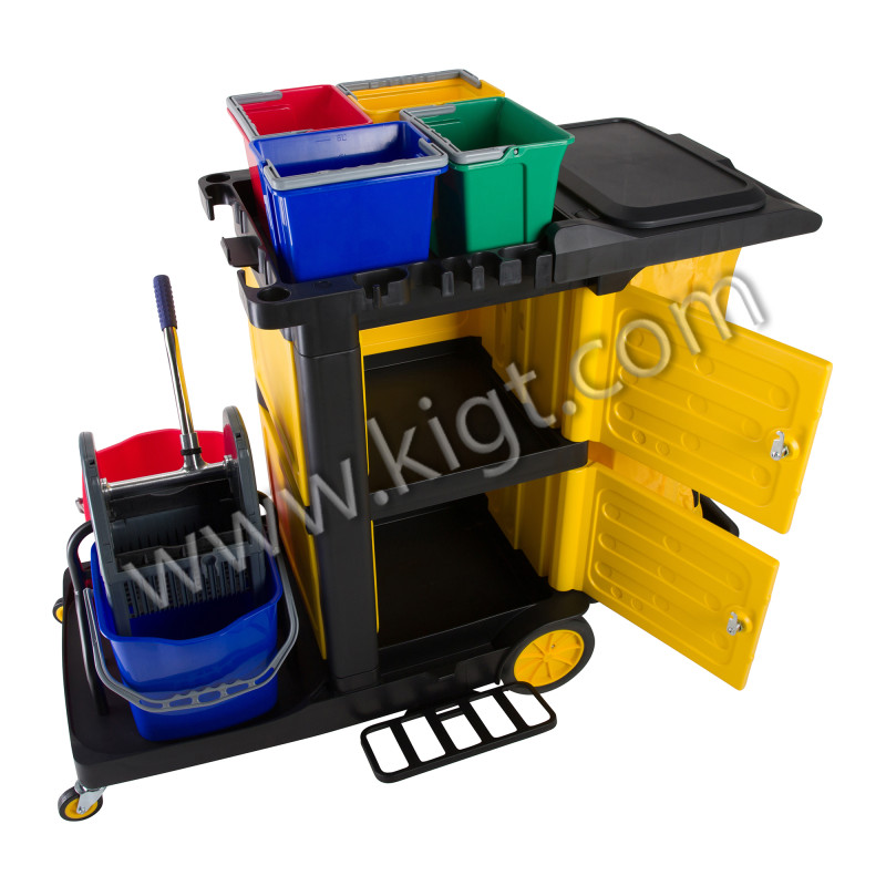 Janitor Cart with mop wringer + doors + buckets 4 ltr Black Color