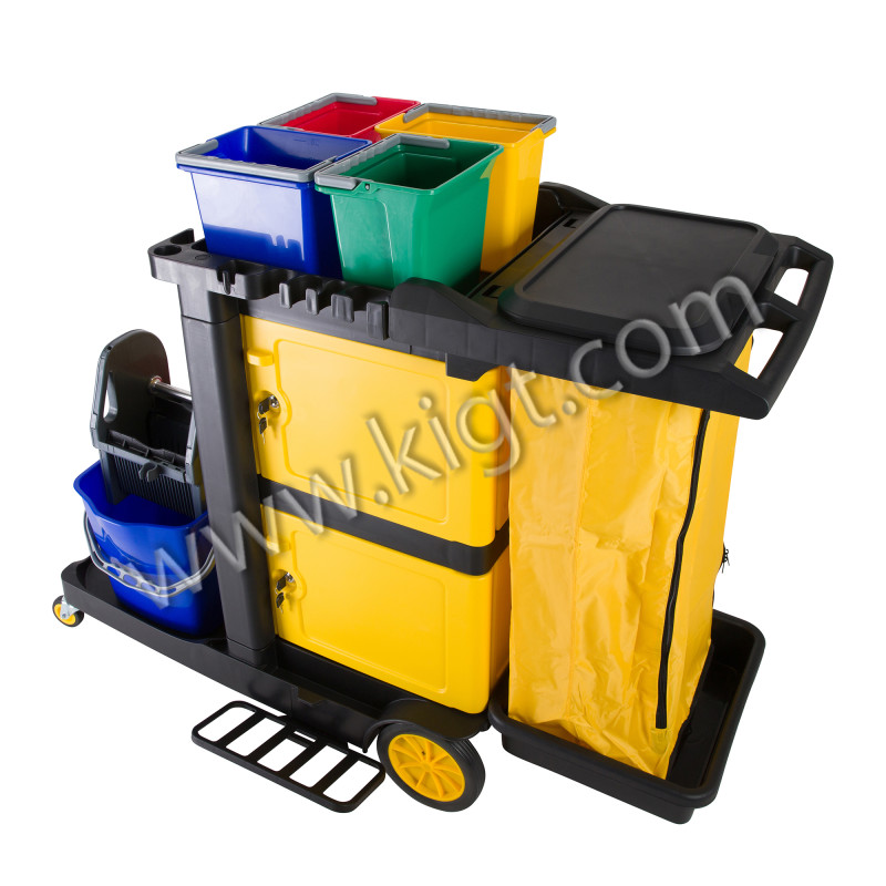 Janitor Cart with mop wringer + doors + buckets 4 ltr Black Color